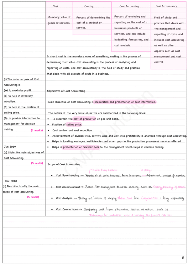 Cost Accounting Notes| Paper 8 | CMA Inter | CMA Junction (PDF)
